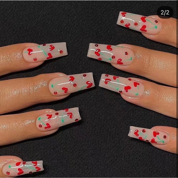 Glossy Press on Nails Long With Red Cherry Glitter Red With Nail Glue 24 PCS - Picture 2 of 5